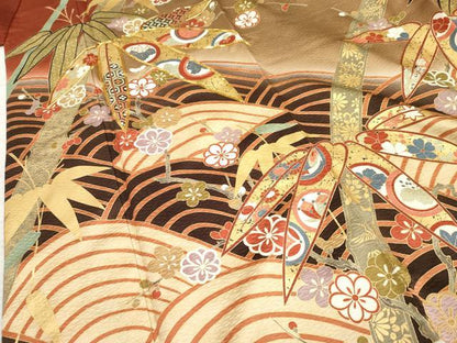 平和屋着物●豪華振袖 駒刺繍 立波笹竹花文 暈し染め 金彩 正絹 逸品 AABF4284cs