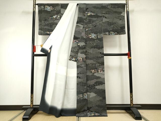 平和屋着物●上質な小紋 吉祥花唐草文 黒地 鬼しぼ縮緬 正絹 逸品 AABF4285cs