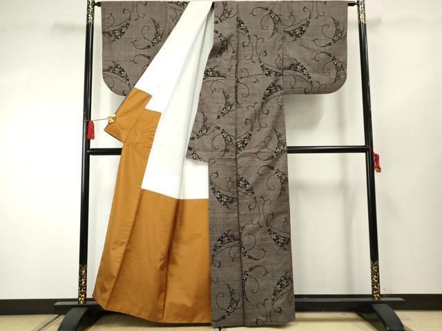 平和屋着物●本場大島紬 泥染め 一元7マルキ 花唐草文 正絹 逸品 AABF4288cs