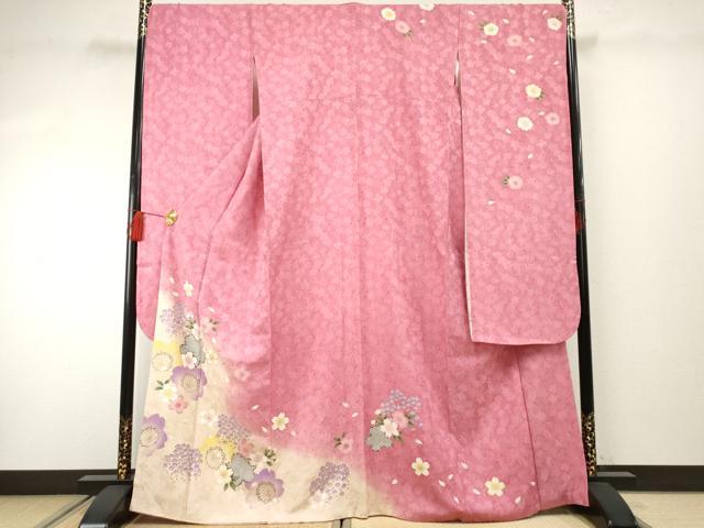 平和屋着物●豪華振袖 舞花文 暈し染め 金糸 金彩 正絹 逸品 AABF4295cs