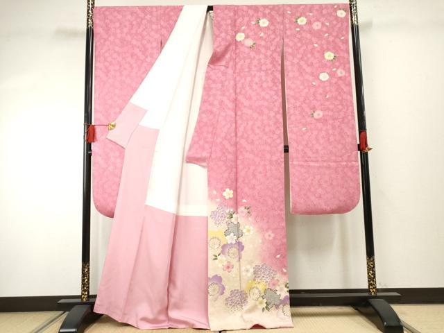 平和屋着物●豪華振袖 舞花文 暈し染め 金糸 金彩 正絹 逸品 AABF4295cs