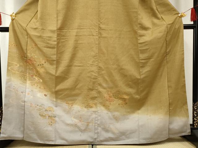 平和屋着物●訪問着 紬地 刺繍 流水風景草花文 金糸 金彩 正絹 逸品 AABF4298cs
