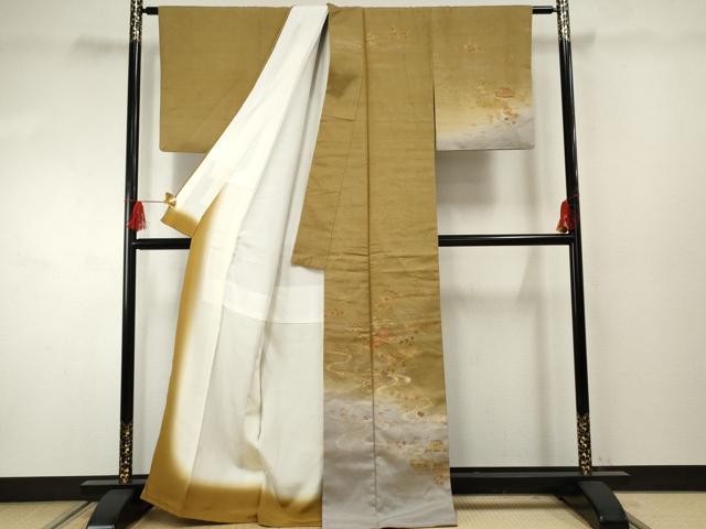 平和屋着物●訪問着 紬地 刺繍 流水風景草花文 金糸 金彩 正絹 逸品 AABF4298cs