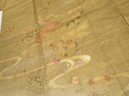 平和屋着物●訪問着 紬地 刺繍 流水風景草花文 金糸 金彩 正絹 逸品 AABF4298cs