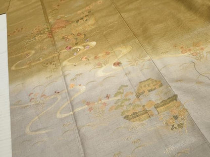 平和屋着物●訪問着 紬地 刺繍 流水風景草花文 金糸 金彩 正絹 逸品 AABF4298cs