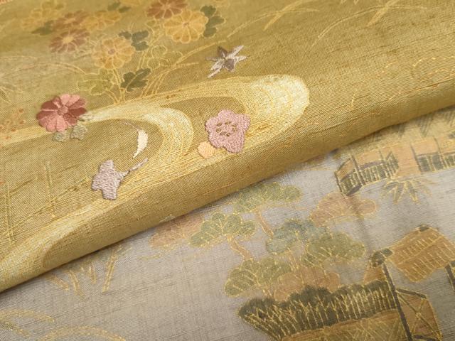 平和屋着物●訪問着 紬地 刺繍 流水風景草花文 金糸 金彩 正絹 逸品 AABF4298cs