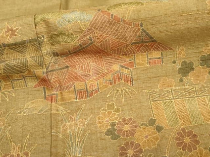 平和屋着物●訪問着 紬地 刺繍 流水風景草花文 金糸 金彩 正絹 逸品 AABF4298cs
