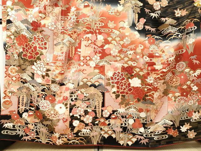 平和屋着物●豪華振袖 駒刺繍 鴛鴦吉祥花文 暈し染め 金彩 正絹 逸品 AABF4311cs