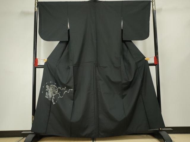 平和屋着物●訪問着 紬地 風神雷神 黒地 正絹 逸品 AABF4316cs