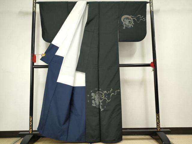平和屋着物●訪問着 紬地 風神雷神 黒地 正絹 逸品 AABF4316cs