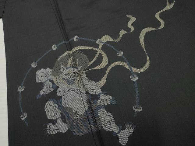 平和屋着物●訪問着 紬地 風神雷神 黒地 正絹 逸品 AABF4316cs
