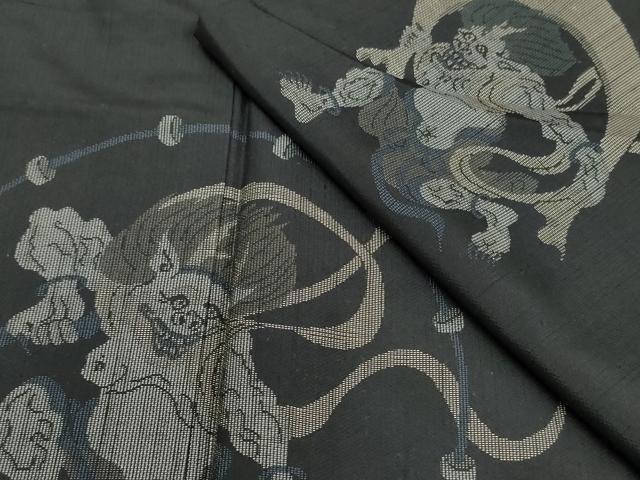 平和屋着物●訪問着 紬地 風神雷神 黒地 正絹 逸品 AABF4316cs