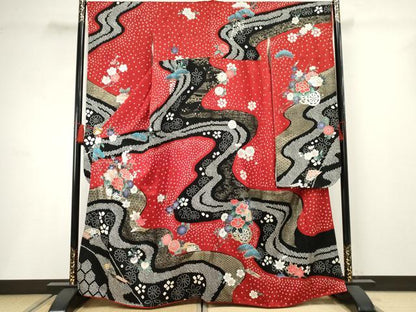 平和屋着物●豪華振袖 駒刺繍 絞り 花車文 金銀彩 正絹 逸品 AABF4317cs