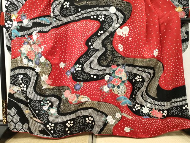 平和屋着物●豪華振袖 駒刺繍 絞り 花車文 金銀彩 正絹 逸品 AABF4317cs