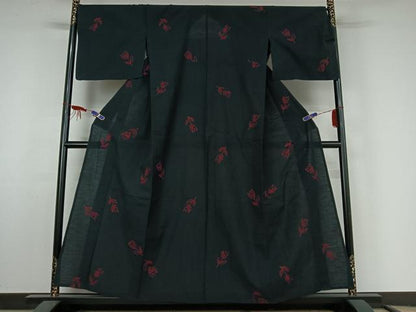 平和屋着物▽上質な小紋 単衣 総刺繍 草花文 黒地 綿 逸品 AABF4324jh