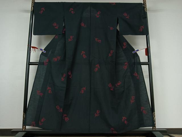 平和屋着物▽上質な小紋 単衣 総刺繍 草花文 黒地 綿 逸品 AABF4324jh