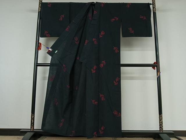 平和屋着物▽上質な小紋 単衣 総刺繍 草花文 黒地 綿 逸品 AABF4324jh