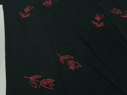平和屋着物▽上質な小紋 単衣 総刺繍 草花文 黒地 綿 逸品 AABF4324jh