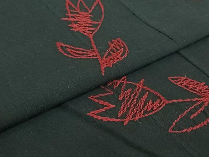 平和屋着物▽上質な小紋 単衣 総刺繍 草花文 黒地 綿 逸品 AABF4324jh