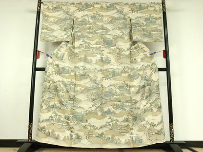 平和屋着物▽上質な小紋　単衣　中国三大刺繍　汕頭刺繍　スワトウ刺繍　風景文　金糸　正絹　逸品　AABF4328jh