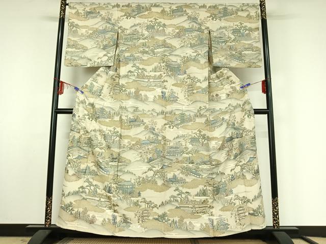 平和屋着物▽上質な小紋　単衣　中国三大刺繍　汕頭刺繍　スワトウ刺繍　風景文　金糸　正絹　逸品　AABF4328jh
