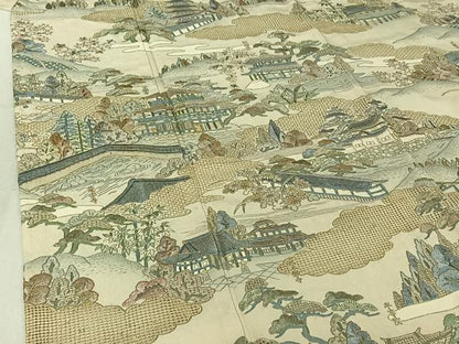 平和屋着物▽上質な小紋　単衣　中国三大刺繍　汕頭刺繍　スワトウ刺繍　風景文　金糸　正絹　逸品　AABF4328jh
