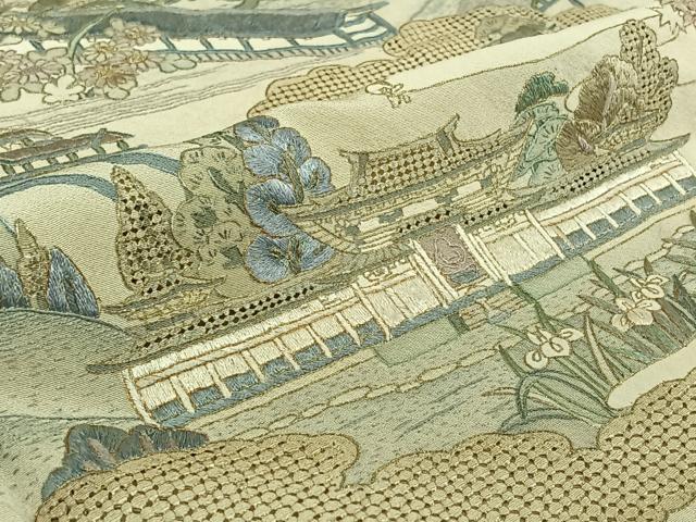 平和屋着物▽上質な小紋　単衣　中国三大刺繍　汕頭刺繍　スワトウ刺繍　風景文　金糸　正絹　逸品　AABF4328jh
