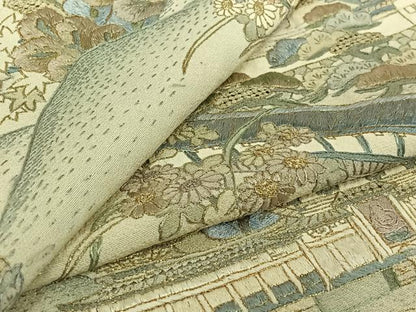 平和屋着物▽上質な小紋　単衣　中国三大刺繍　汕頭刺繍　スワトウ刺繍　風景文　金糸　正絹　逸品　AABF4328jh
