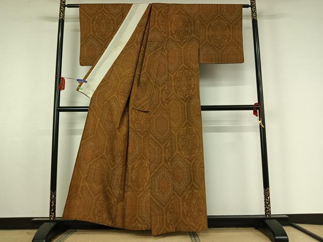 平和屋着物▽薩摩結城 単衣 亀甲花文 正絹 逸品 AABF4329jh