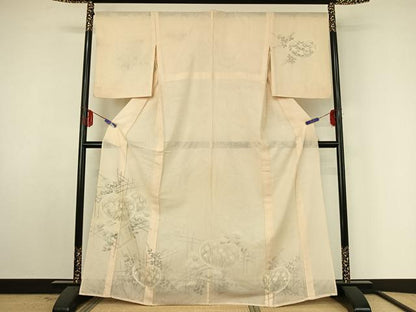 平和屋着物▽訪問着　無双　紗袷　紗×紗　手描き　草花文　正絹　逸品　AABF4337jh