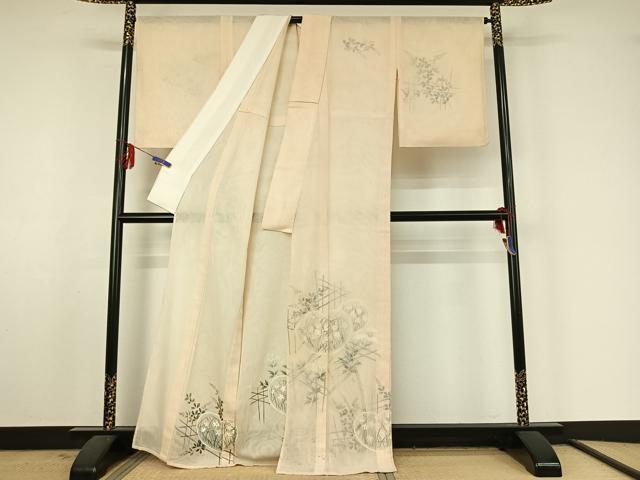 平和屋着物▽訪問着　無双　紗袷　紗×紗　手描き　草花文　正絹　逸品　AABF4337jh