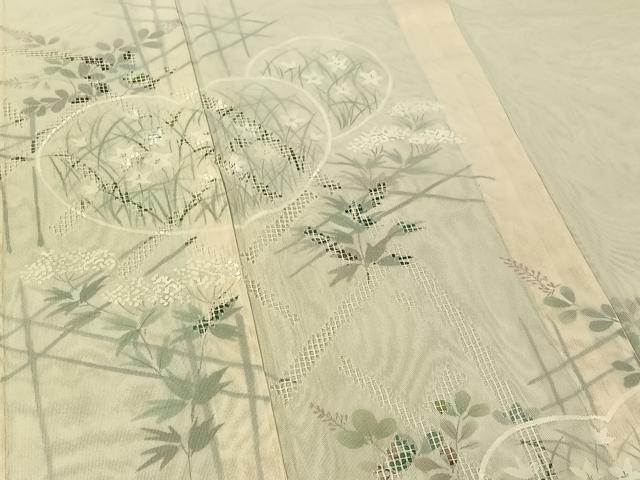 平和屋着物▽訪問着　無双　紗袷　紗×紗　手描き　草花文　正絹　逸品　AABF4337jh