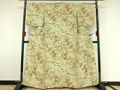 平和屋着物▽上質な小紋 単衣 風景松竹梅文 暈し染め 金彩 正絹 逸品 AABF4341jh