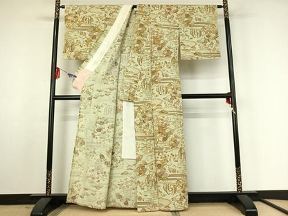 平和屋着物▽上質な小紋 単衣 風景松竹梅文 暈し染め 金彩 正絹 逸品 AABF4341jh
