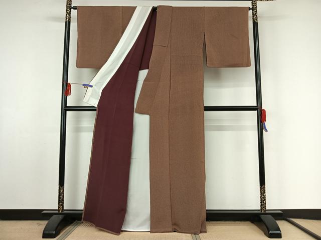 平和屋着物▽江戸小紋 単衣 万筋 似せ紫色×榛色 鬼しぼ縮緬 正絹 逸品 AABF4342jh