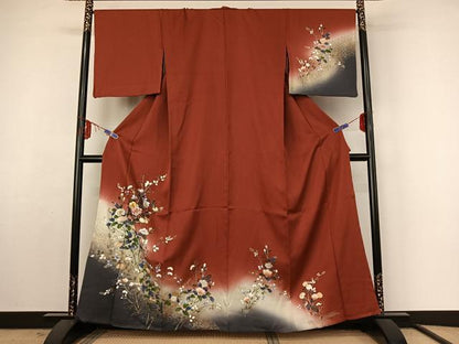 平和屋着物▽訪問着 単衣 刺繍 草花文 暈し染め 金糸 金彩 正絹 逸品 AABF4344jh