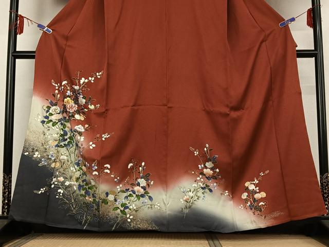 平和屋着物▽訪問着 単衣 刺繍 草花文 暈し染め 金糸 金彩 正絹 逸品 AABF4344jh