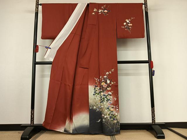 平和屋着物▽訪問着 単衣 刺繍 草花文 暈し染め 金糸 金彩 正絹 逸品 AABF4344jh