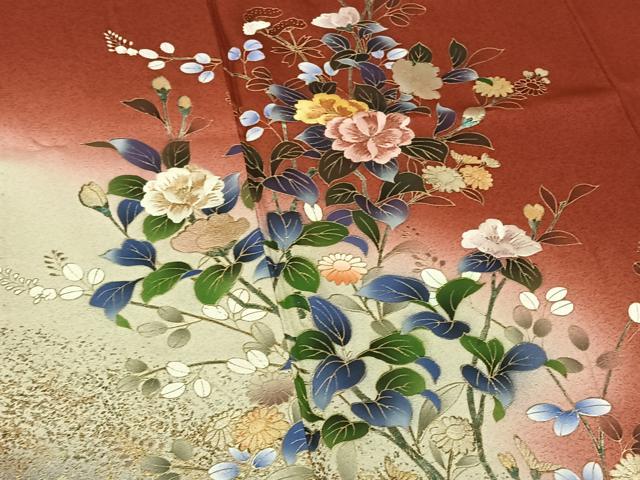 平和屋着物▽訪問着 単衣 刺繍 草花文 暈し染め 金糸 金彩 正絹 逸品 AABF4344jh