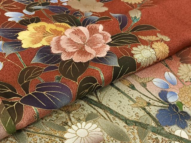 平和屋着物▽訪問着 単衣 刺繍 草花文 暈し染め 金糸 金彩 正絹 逸品 AABF4344jh