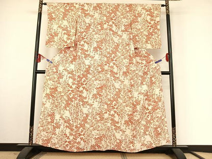 平和屋着物▽上質な小紋 単衣 型染め 草花文 正絹 逸品 AABF4345jh