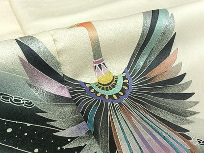 平和屋着物▽訪問着 単衣 飛鶴花文 暈し染め 金銀彩 ロング丈 正絹 逸品 AABF4349jh