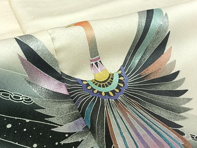 平和屋着物▽訪問着 単衣 飛鶴花文 暈し染め 金銀彩 ロング丈 正絹 逸品 AABF4349jh