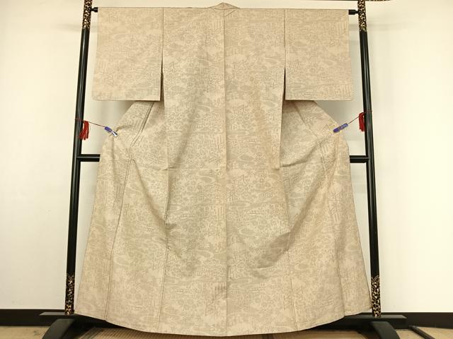 平和屋着物▽結城紬 単衣 80亀甲 風景花文 正絹 逸品 AABF4351jh