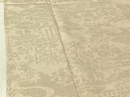 平和屋着物▽結城紬 単衣 80亀甲 風景花文 正絹 逸品 AABF4351jh
