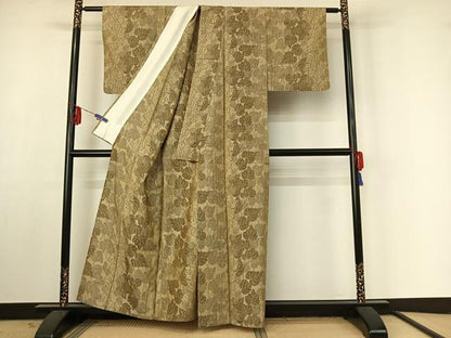 平和屋着物▽上質な紬 単衣 草葉文 正絹 逸品 AABF4352jh
