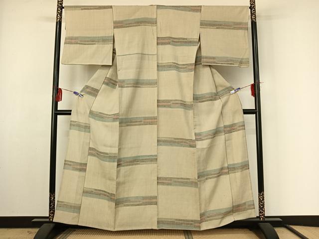 平和屋着物▽結城ちぢみ 単衣 横段文 正絹 逸品 AABF4353jh