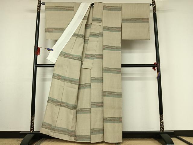 平和屋着物▽結城ちぢみ 単衣 横段文 正絹 逸品 AABF4353jh