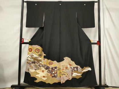 平和屋着物■豪華黒留袖　駒刺繍　吉祥雲取り花文　金彩　正絹　逸品　AABF4368st