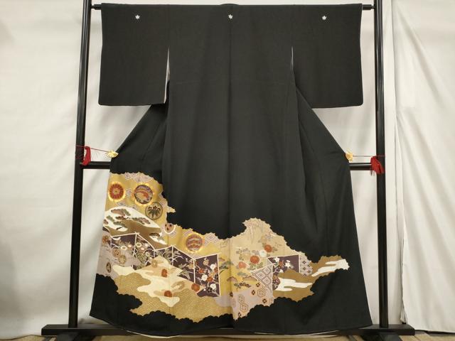 平和屋着物■豪華黒留袖　駒刺繍　吉祥雲取り花文　金彩　正絹　逸品　AABF4368st